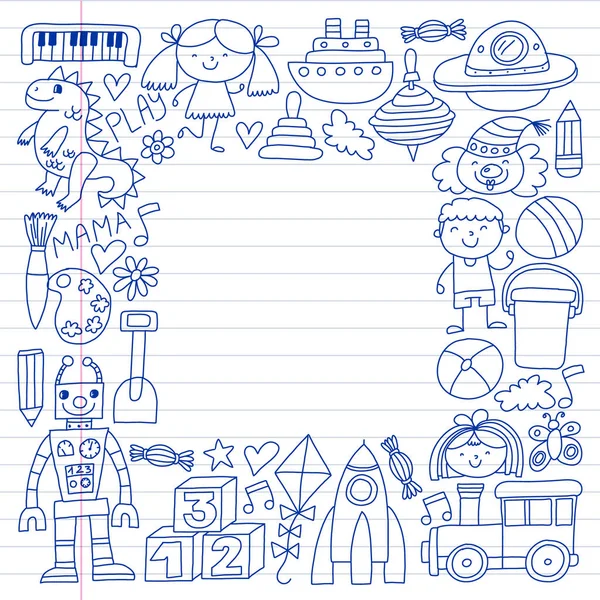 Crianças pré-escolares do jardim de infância. Crianças desenho padrão vetor estilo. Jogar crescer aprender juntos . —  Vetores de Stock