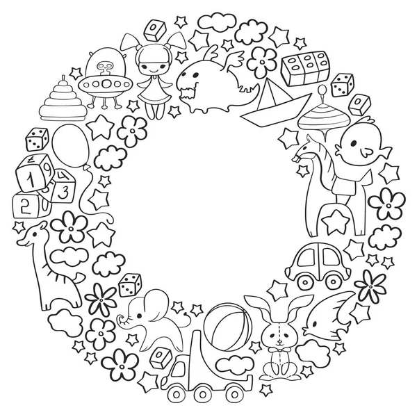 Patrón vectorial con juguetes para niños. Elementos de jardín de infantes en estilo doodle para niños pequeños. Educación, juego, crecer — Vector de stock