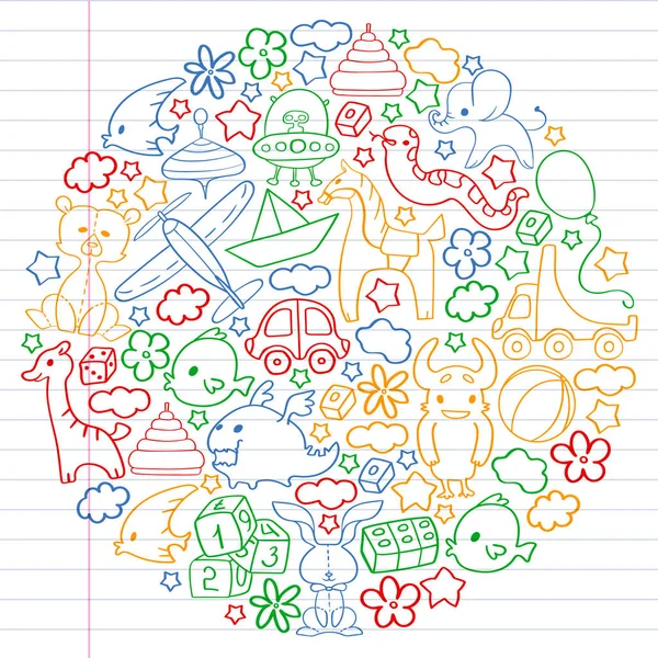 Modèle vectoriel avec jouets pour enfants. Éléments de jardin d'enfants dans le style doodle pour les petits enfants. Éducation, jeu, croissance — Image vectorielle