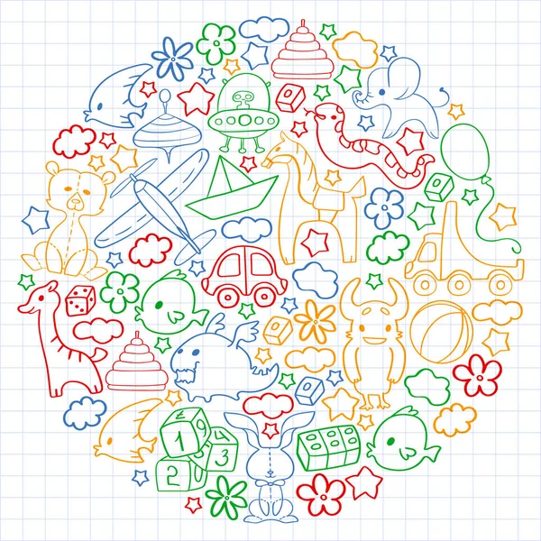 Patrón vectorial con juguetes para niños. Elementos de jardín de infantes en estilo doodle para niños pequeños. Educación, juego, crecer — Vector de stock