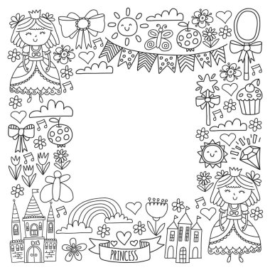 Küçük kızlar için vektör deseni. Mutlu Doğum günü partisi için Prenses illüstrasyon.