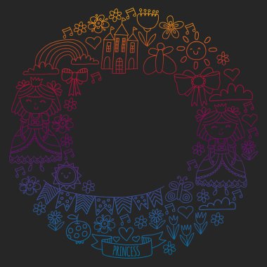 Küçük kızlar için vektör deseni. Mutlu Doğum günü partisi için Prenses illüstrasyon.