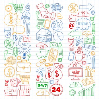 İş ve yönetim geçmişi. Finans simgeleriyle desen. Projelerin, organizasyonun, riskin ve gelişimin kavramsal illüstrasyonu. Takım çalışması, bütçe planlaması.