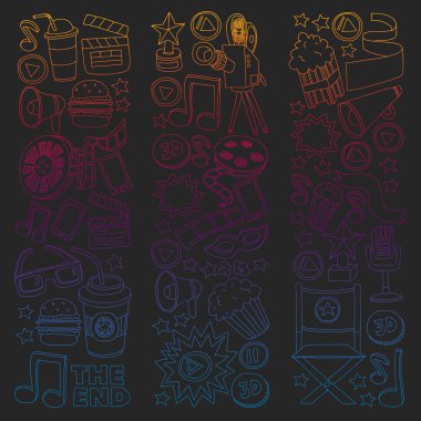 Film, sinema seti. Vektör simgeleri ile şablon karalama arkaplanı.