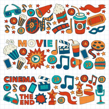 Movie, cinema set. Pattern doodle background with vector icons. Video TV.