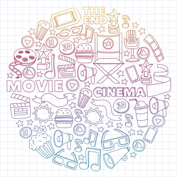 Filme, cenário de cinema. Padrão de fundo doodle com ícones vetoriais. Vídeo TV . —  Vetores de Stock