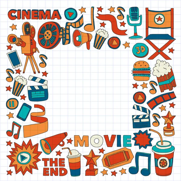 Movie, cinema set. Pattern doodle background with vector icons. Video TV. — 图库矢量图片