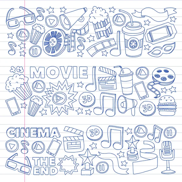 Film, plateau de cinéma. Modèle fond doodle avec des icônes vectorielles. Télévision vidéo . — Image vectorielle