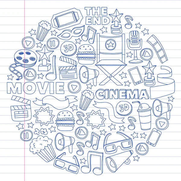 Filme, cenário de cinema. Padrão de fundo doodle com ícones vetoriais. Vídeo TV . — Vetor de Stock