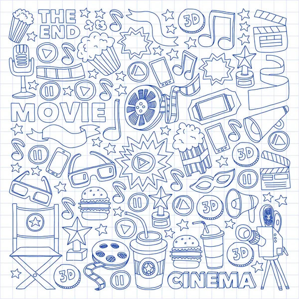 Movie, cinema set. Pattern doodle background with vector icons. Video TV. — 스톡 벡터