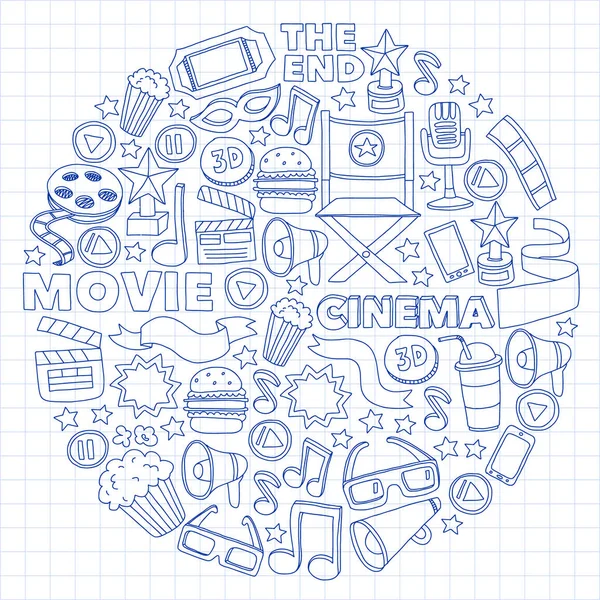 Cine, plató de cine. Patrón doodle fondo con iconos vectoriales. Video TV . — Archivo Imágenes Vectoriales