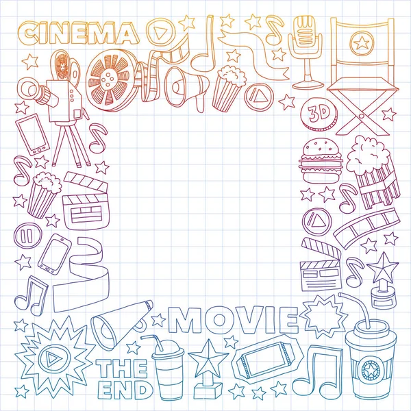 Film, Filmset. Doodle-Hintergrund mit Vektorsymbolen. Video-Fernsehen. — Stockvektor