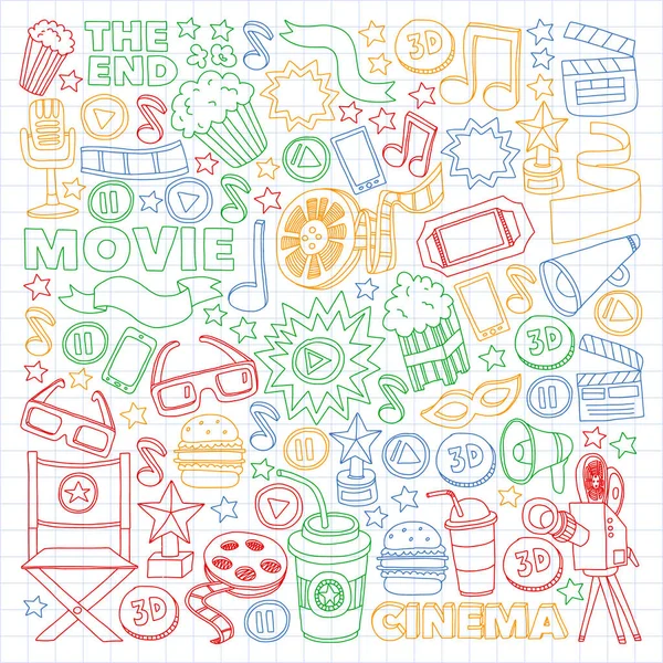 Filme, cenário de cinema. Padrão de fundo doodle com ícones vetoriais. Vídeo TV . —  Vetores de Stock
