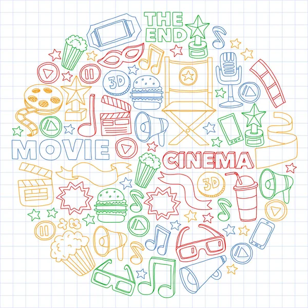 Film, biografsæt. Mønster doodle baggrund med vektor ikoner. Videotv . – Stock-vektor