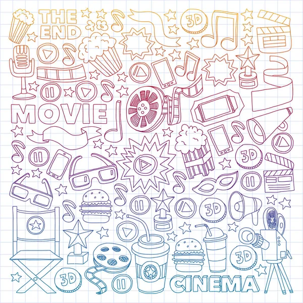 Movie, cinema set. Pattern doodle background with vector icons. Video TV. — 图库矢量图片