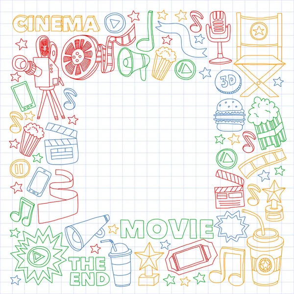 Cine, plató de cine. Patrón doodle fondo con iconos vectoriales. Video TV . — Archivo Imágenes Vectoriales