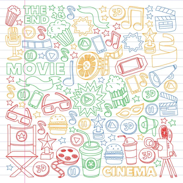Cine, plató de cine. Patrón doodle fondo con iconos vectoriales. Video TV . — Archivo Imágenes Vectoriales