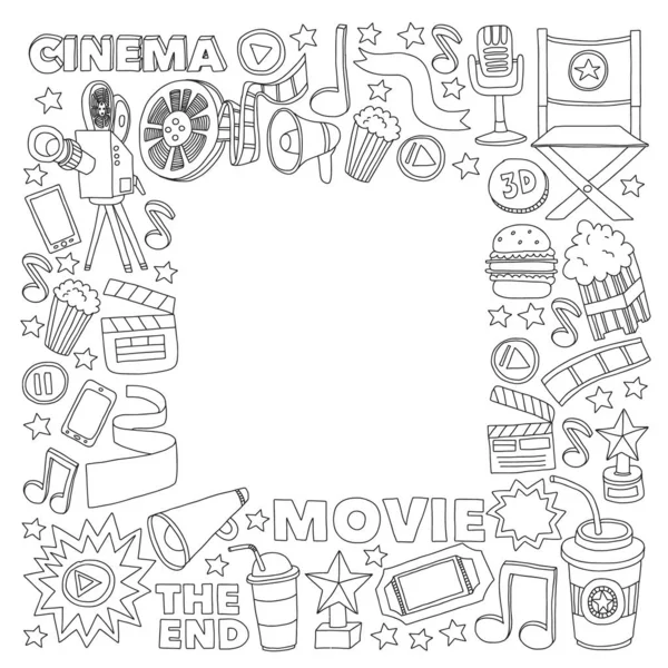 Film, Filmset. Doodle-Hintergrund mit Vektorsymbolen. Video-Fernsehen. — Stockvektor