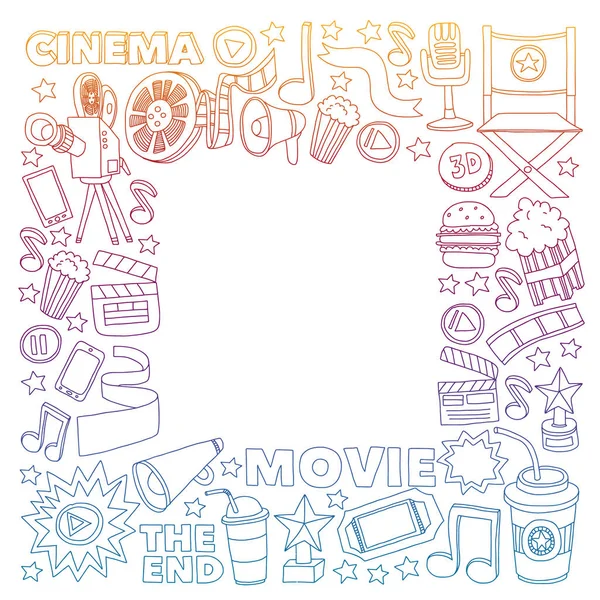 Cine, plató de cine. Patrón doodle fondo con iconos vectoriales . — Vector de stock