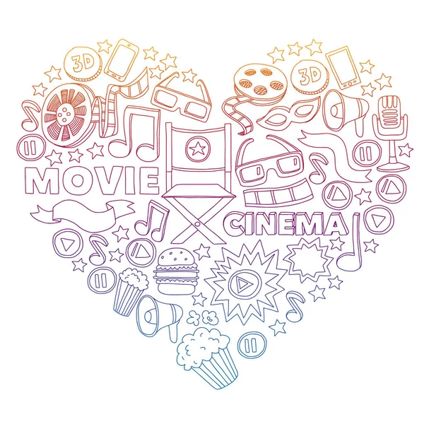 Filme, cenário de cinema. Padrão doodle fundo com ícones vetoriais . — Vetor de Stock