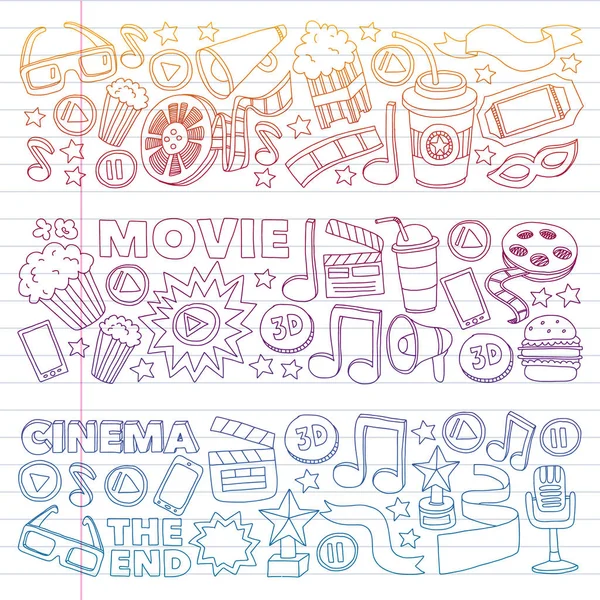 Filme, cenário de cinema. Padrão de fundo doodle com ícones vetoriais. Vídeo TV . — Vetor de Stock