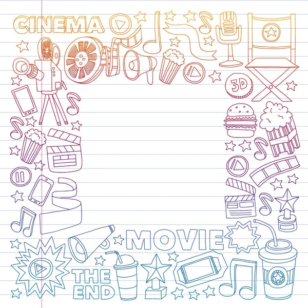 Film, filmset. Patroon doodle achtergrond met vector pictogrammen. Video Tv. — Stockvector