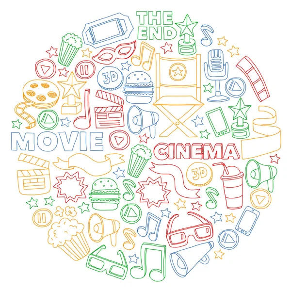 Film, plateau de cinéma. Modèle fond doodle avec des icônes vectorielles. Télévision vidéo . — Image vectorielle