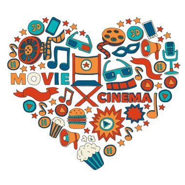 Movie, cinema set. Pattern doodle background with vector icons. Video TV.