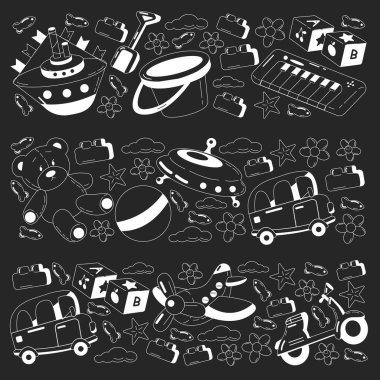 Oyuncak simgeleriyle vektör ayarlandı. Anaokulu için örnek, küçük çocuklar. Oyun oynayan çocuklar.