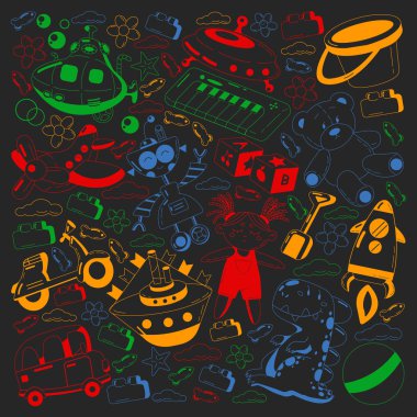 Oyuncak simgeleriyle vektör ayarlandı. Anaokulu için örnek, küçük çocuklar. Oyun oynayan çocuklar.