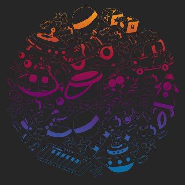 Oyuncak simgeleriyle vektör ayarlandı. Anaokulu için örnek, küçük çocuklar. Oyun oynayan çocuklar.