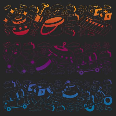 Oyuncak simgeleriyle vektör ayarlandı. Anaokulu için örnek, küçük çocuklar. Oyun oynayan çocuklar.