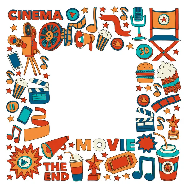 Film, filmset. Patroon doodle achtergrond met vector pictogrammen. Video Tv. — Stockvector