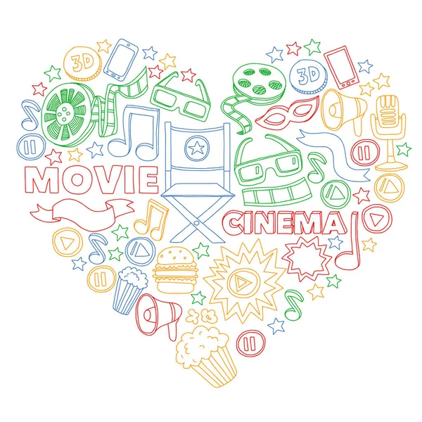 Filme, cenário de cinema. Padrão de fundo doodle com ícones vetoriais. Vídeo TV . — Vetor de Stock