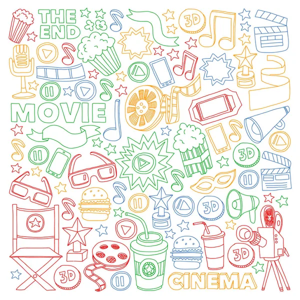 Film, Filmset. Doodle-Hintergrund mit Vektorsymbolen. Video-Fernsehen. — Stockvektor