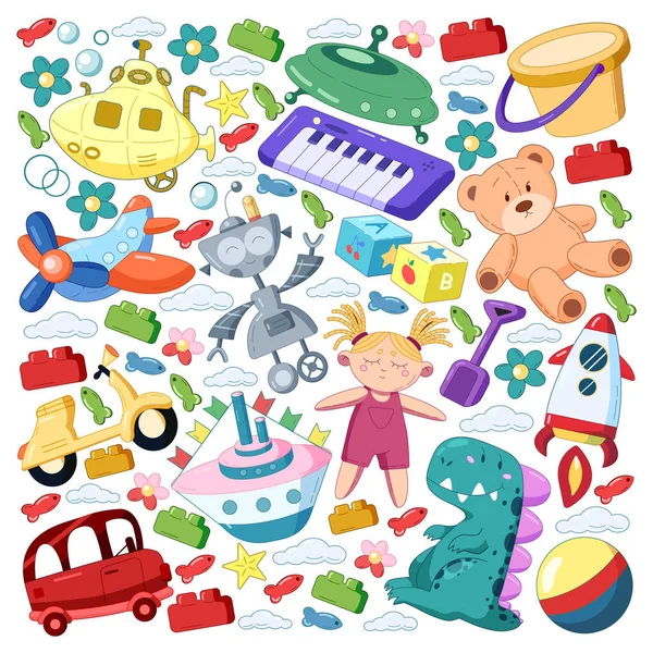 Conjunto de vectores con iconos de juguetes. Patrón para el jardín de infantes, niños pequeños. Niños jugando . — Vector de stock