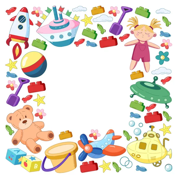 Векторный набор с иконками игрушек. Шаблон для детского сада, маленькие дети. Дети играют . — стоковый вектор