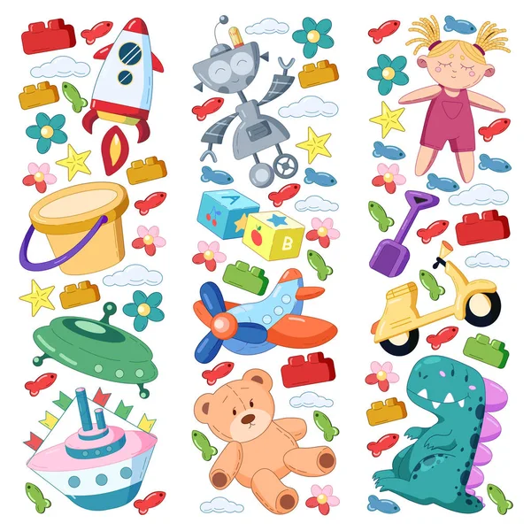 Conjunto de vectores con iconos de juguetes. Patrón para el jardín de infantes, niños pequeños. Niños jugando . — Vector de stock