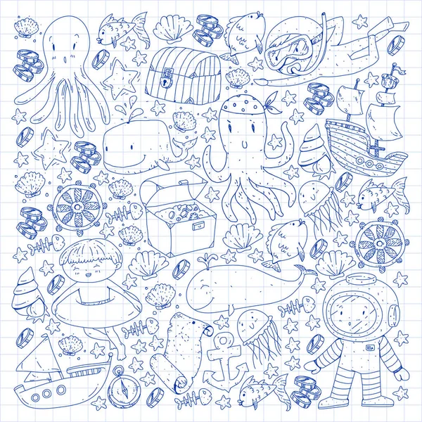 Pola penyelaman dengan anak-anak. Gurita, ikan paus. Petualangan musim panas dengan bajak laut dan harta. Berenang dan petualangan bawah air. Stok Ilustrasi 