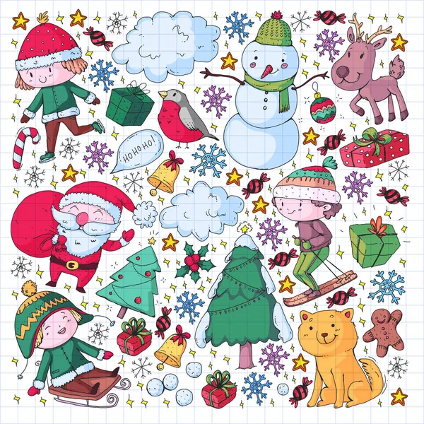 Kerst patroon met kleine kinderen. Kerstman en sneeuwpop. Ski, slee, schaatsen. — Stockfoto
