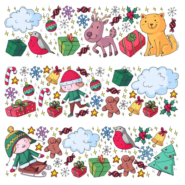 Świąteczny wzór z małymi dziećmi. Święty Mikołaj i bałwan. Narty, sanki, łyżwy. — Zdjęcie stockowe