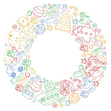 Küçük çocuklar için oyuncaklarla vektör deseni. Anaokulu çocukları oyuncak bebek, dinozor, denizaltı, uçak, arabayla oynuyorlar..