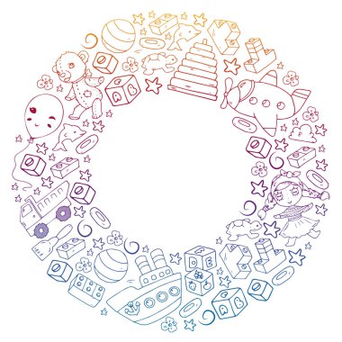 Küçük çocuklar için oyuncaklarla vektör deseni. Anaokulu çocukları oyuncak bebek, dinozor, denizaltı, uçak, arabayla oynuyorlar..