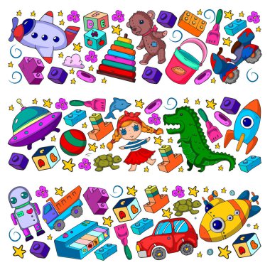 Küçük çocuklar için oyuncaklarla vektör deseni. Anaokulu çocukları oyuncak bebek, dinozor, denizaltı, uçak, arabayla oynuyorlar..
