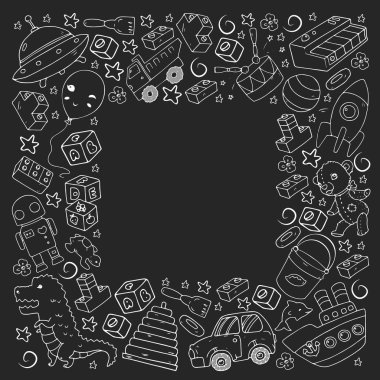 Küçük çocuklar için oyuncaklarla vektör deseni. Anaokulu çocukları oyuncak bebek, dinozor, denizaltı, uçak, arabayla oynuyorlar..