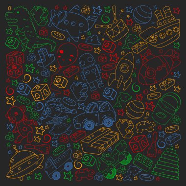 Küçük çocuklar için oyuncaklarla vektör deseni. Anaokulu çocukları oyuncak bebek, dinozor, denizaltı, uçak, arabayla oynuyorlar..