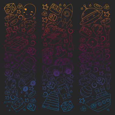 Küçük çocuklar için oyuncaklarla vektör deseni. Anaokulu çocukları oyuncak bebek, dinozor, denizaltı, uçak, arabayla oynuyorlar..