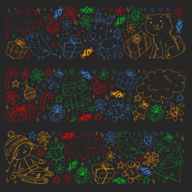 Küçük çocuklarla Noel şablonu. Noel Baba ve Kardan Adam. Kayak, kızak, buz pateni..