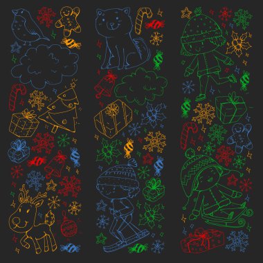 Küçük çocuklarla Noel şablonu. Noel Baba ve Kardan Adam. Kayak, kızak, buz pateni..