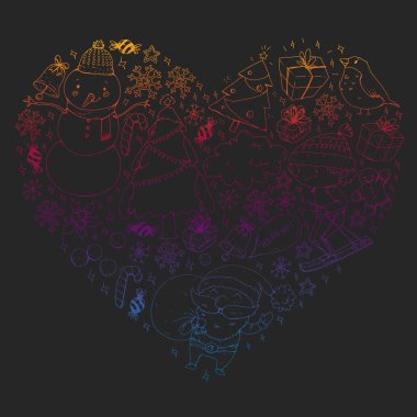 Küçük çocuklarla Noel şablonu. Noel Baba ve Kardan Adam. Kayak, kızak, buz pateni..